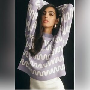 Anthropologie Maeve Carys Mock-Neck Sweater, great shape, size XL, lilac & white